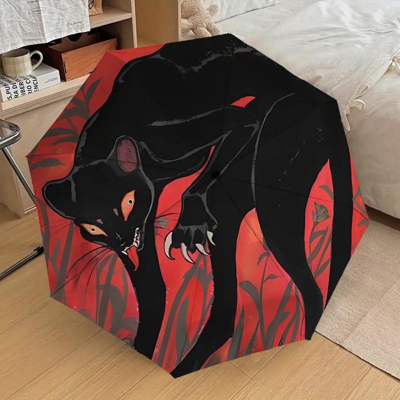1pc Black Panther with Red Background Umbrella with Plastic Handle,Suitable for All Seasons Home Travel Outdoor UmbrellaDD117