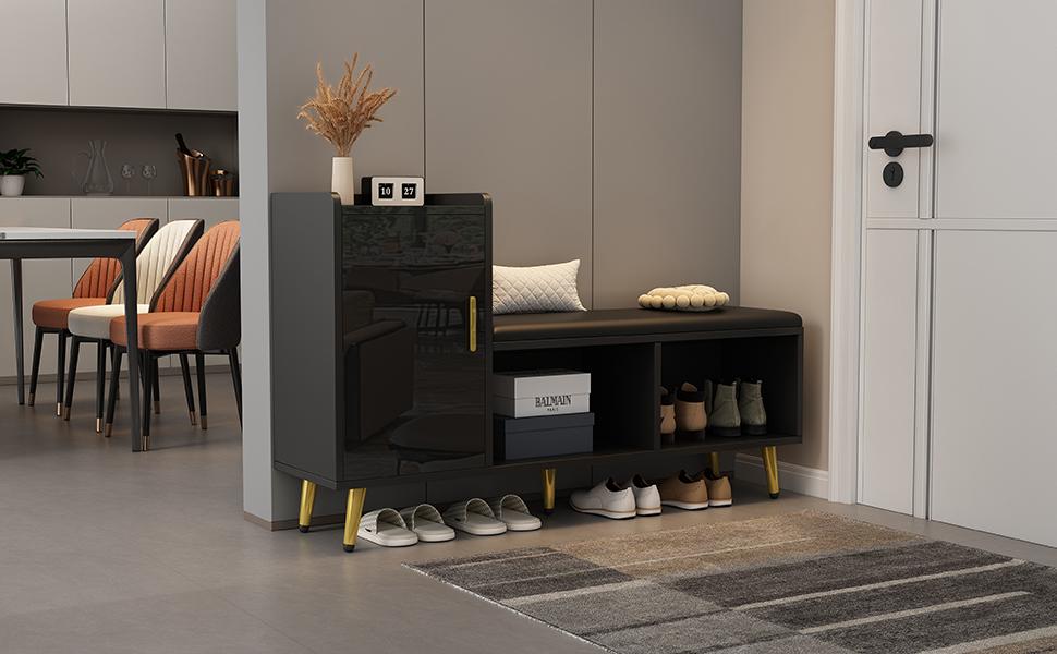 (=N625P235824B) Black High-Gloss Entrance Shoe Cabinet, Multi-Tier Shelf with Padded Seat, Shoe Changing Bench Gold Accessories for Entrance