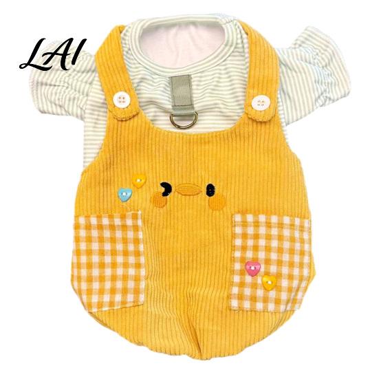 Comfortable Dog Apparel Spring Fall Striped Pet T-Shirt Cute Duck Embroidery Corduroy Romper Pants Breathable Shirt Outfit with Plaid Pockets False