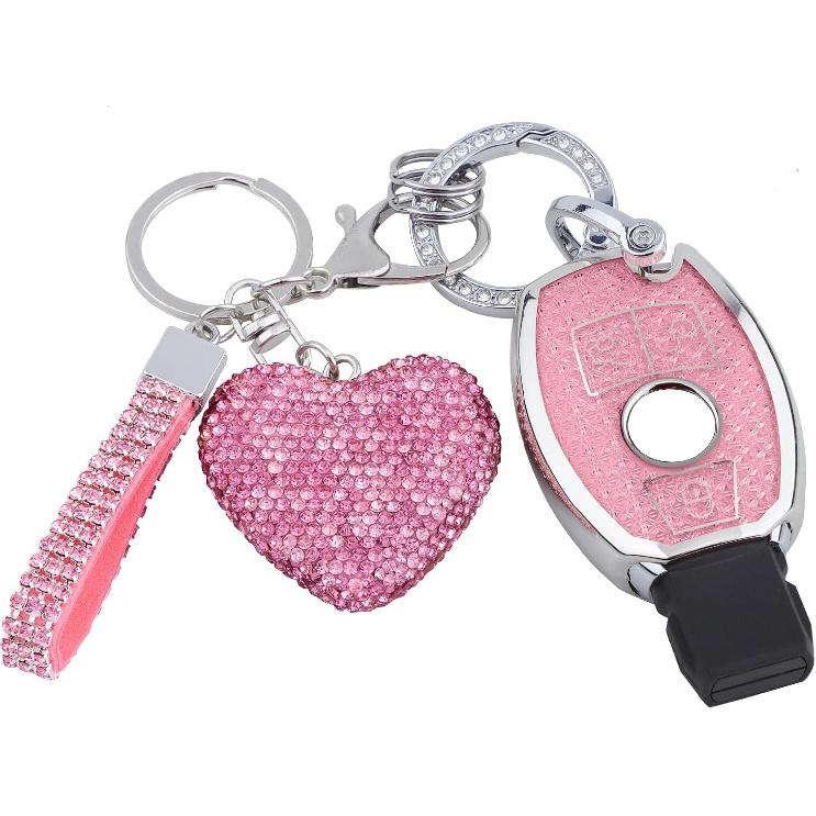 for Mercedes Benz Key fob Cover with Diamond Bling Keychain, Car Accessories Key Shell Full Protection for - A-Class C-Class G-Class 2017- E-Class