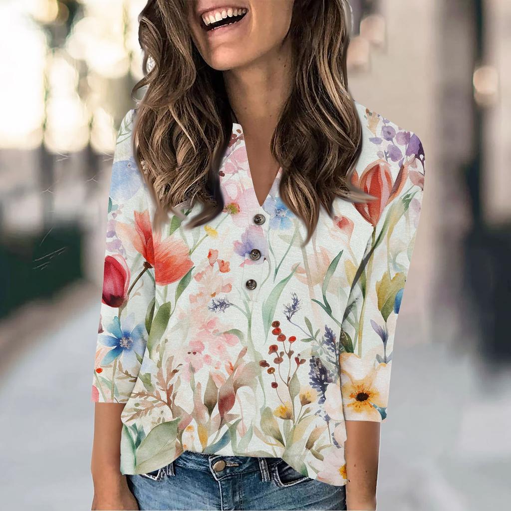 Women's Fashion Casual Loose 3/4 Sleeve Printed Round Neck Top