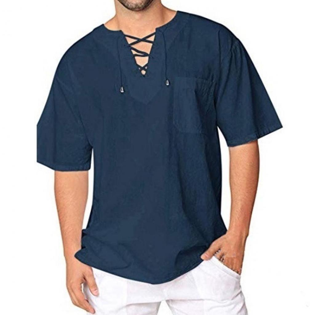 Men's Monochrome Short Sleeve Bandage V-Neck T-Shirt Loose Top