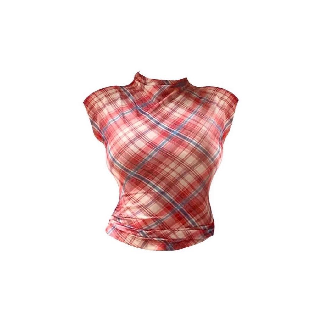Женская красная клетчатая сетчатая футболка с открытыми плечами — облегающий крой, короткие рукава, летний топ