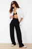 Women's Fashion New Trousers Black Thick Striped Straight Straight Cut Flexible Trousers