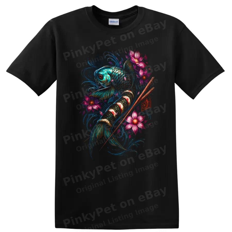 Japanese Koi Fish Floral T Shirt Watercolor Art Asian Decor Tee