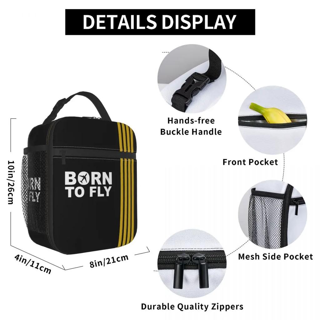 Custom Born To Fly Captain Stripes Flight Pilot Lunch Bag Women Cooler Thermal Isolated Lunch Box For Kids School