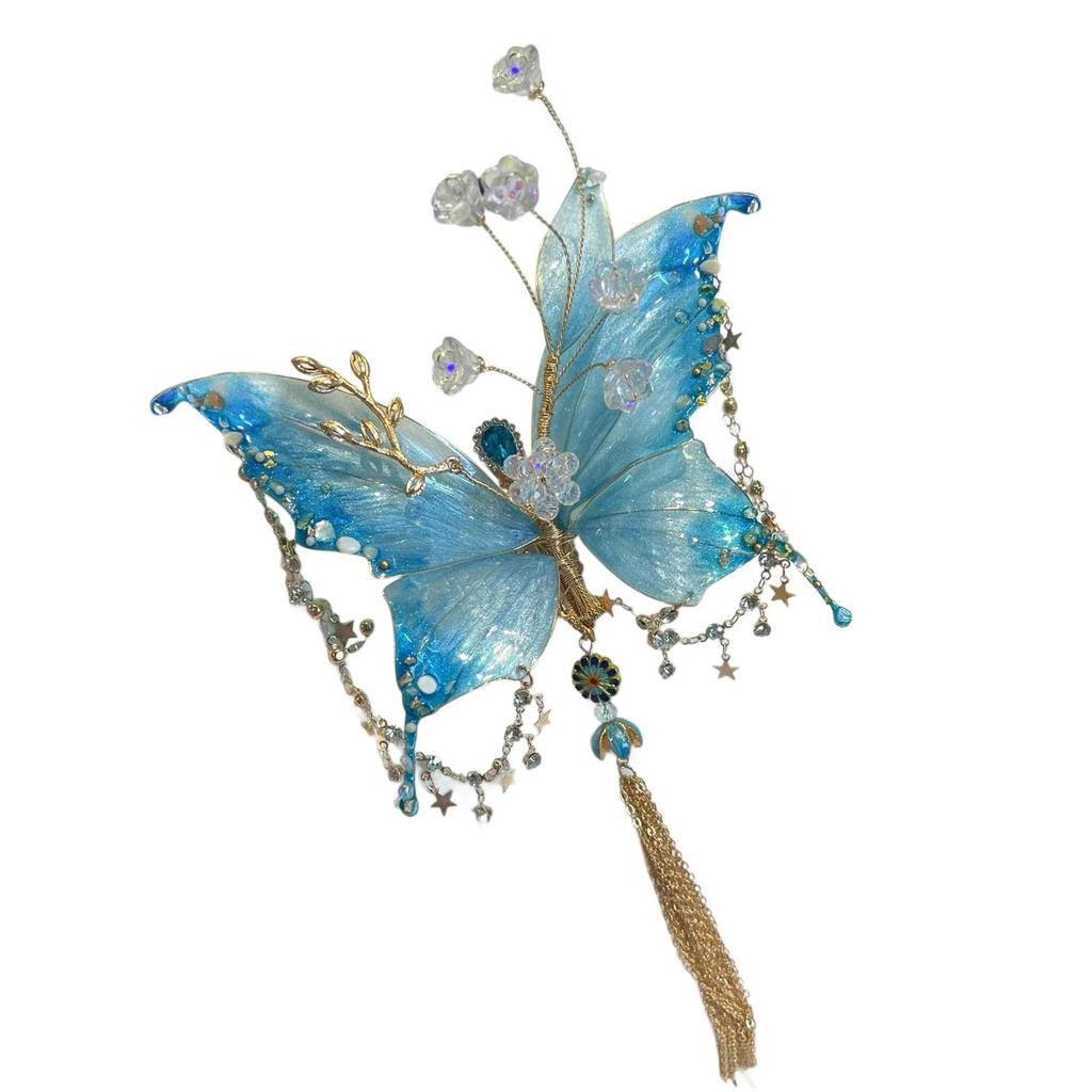 Women Large Fairy Wing Hair Clips for Women Crystal Beaded Tassel Hair Claw for Party Prom Blue