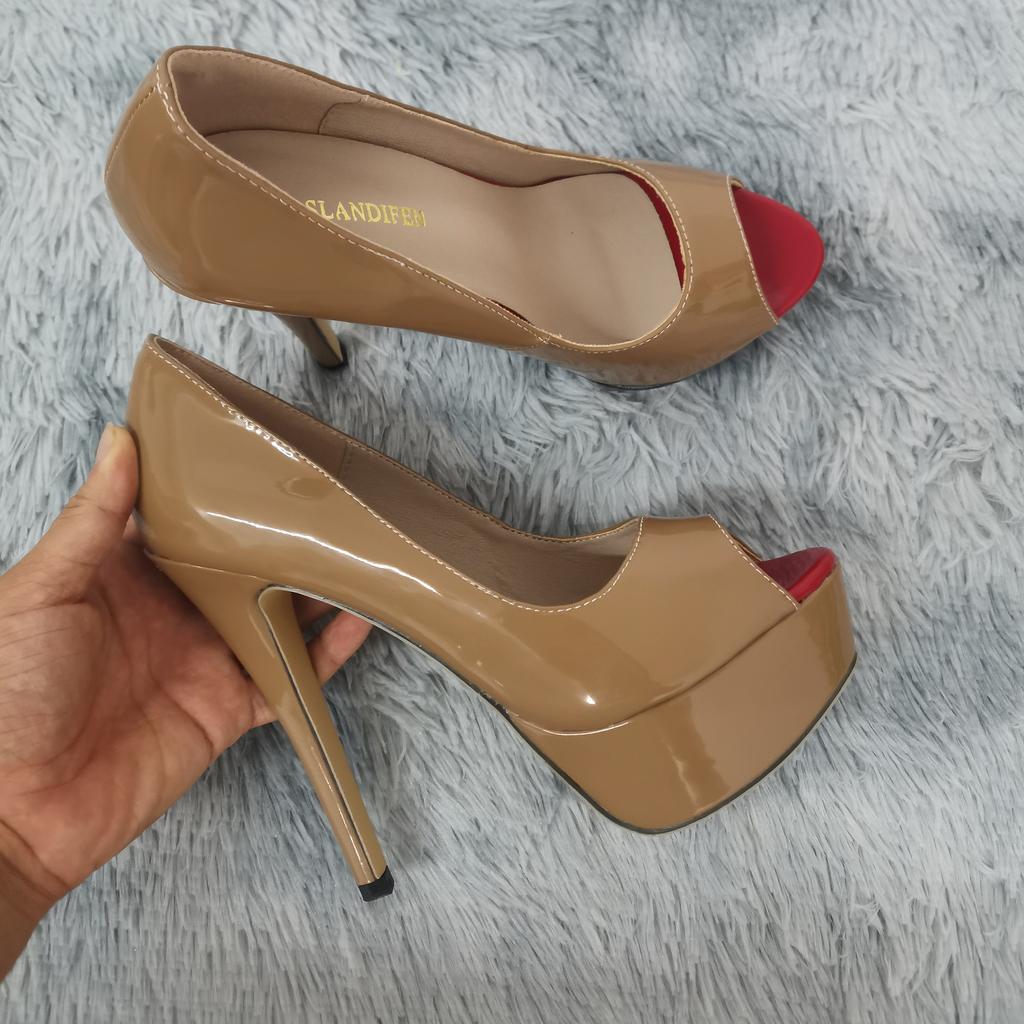 Women Pumps Sexy Peep Toe Platform 14cm Super High Heels Patent Leather Pumps Black Party Dress Red Wedding Shoes Stilettos Shoe