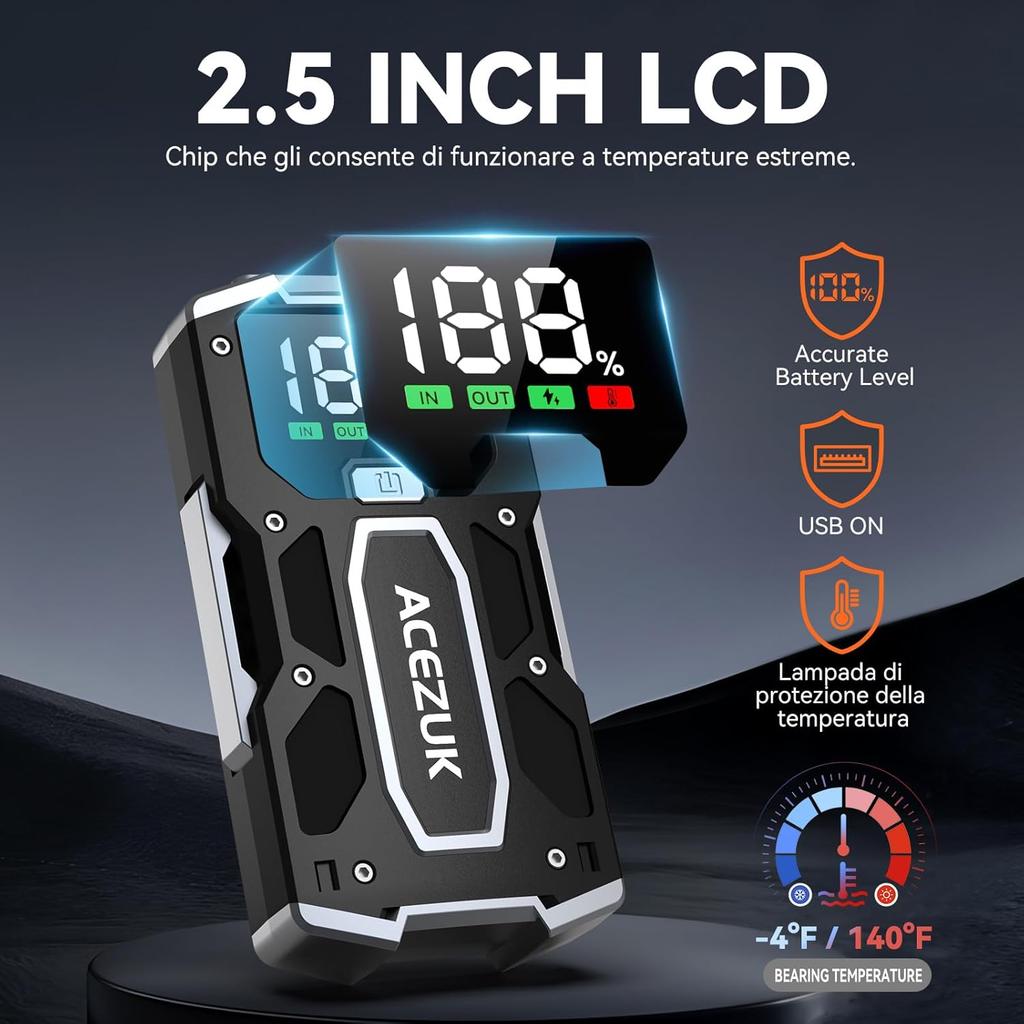 12В 8-в-1 Автомобильный пусковое устройство 3000А, Quick Charge 3.0, LED-экран, до 7.0 л бензинового и 5.5 л дизельного двигателя