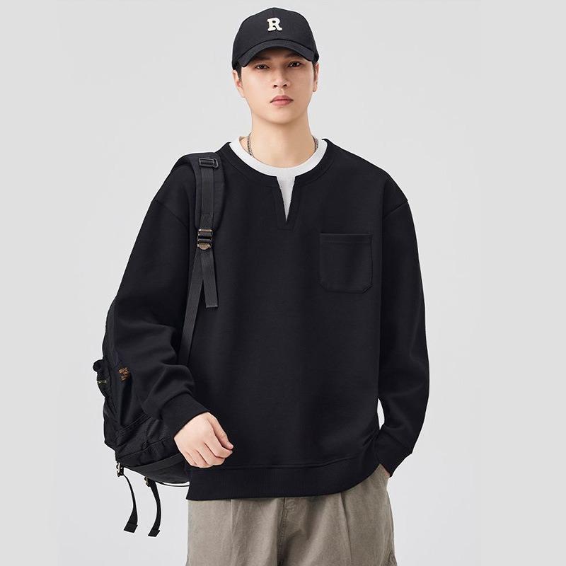 Men Faux Layered Fleece Sweatshirt Loose Long Sleeve Casual Autumn Winter Youth