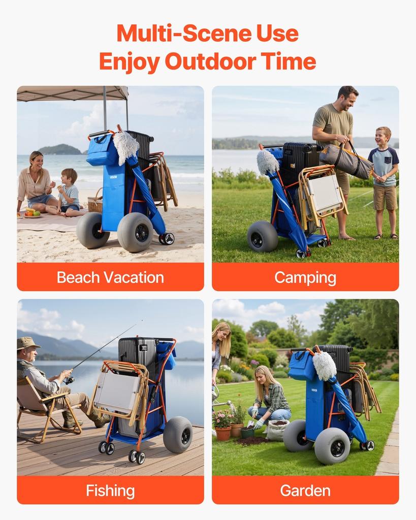 Beach Cart with Large Wheels for Sand, 75 kg Load Capacity, Heavy Duty Folding Beach Wagon with 320 mm Balloon Wheels, Insulated Cooler Bag, Umbrella