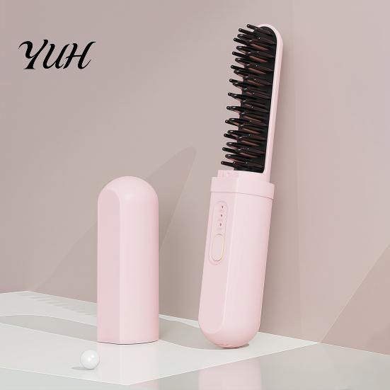 Fast Heating Hair Straightener 2-in-1 Portable Brush, Curling Straightening Comb with Negative Ion 3 Temperature Settings, USB Rechargeable