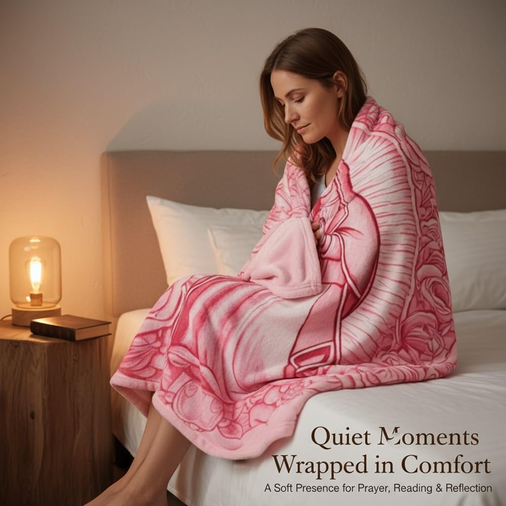 Pink Mary Floral Virgin Mary Flannel Blanket, Super Soft Prayer Throw for Mom, Grandma, Valentine's Day