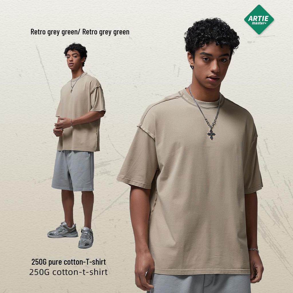 Футболка мужская ARTIE Retro Washed с коротким рукавом 2024 года — свободный крой, модная, 250 г, с оборками для весны/лета