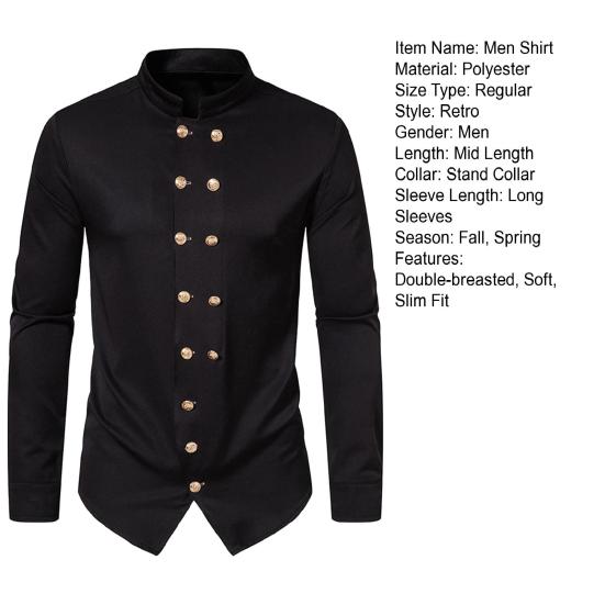 Мужская рубашка в стиле ретро, ​​двубортный Королевский стиль, воротник-стойка с длинным рукавом, однотонный, приталенный, формальный, мягкий дышащий мужской топ средней длины