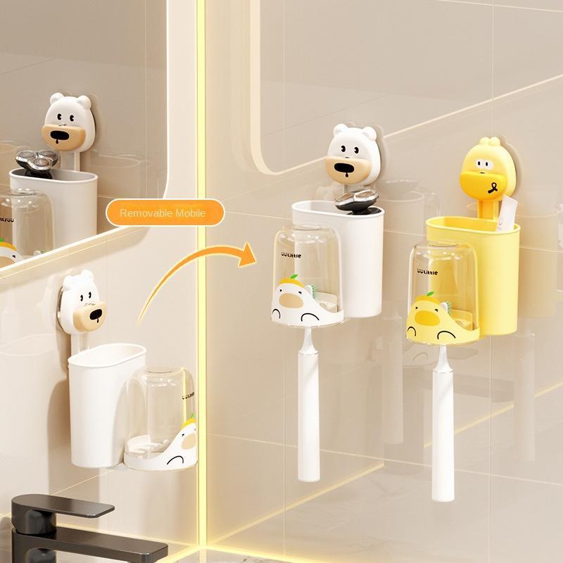 Cartoon Suction Cup Toothbrush Storage Rack, No Punching Wall Mounted Toothpaste Cup Holder, Bathroom Mouthwash Cup, Cute