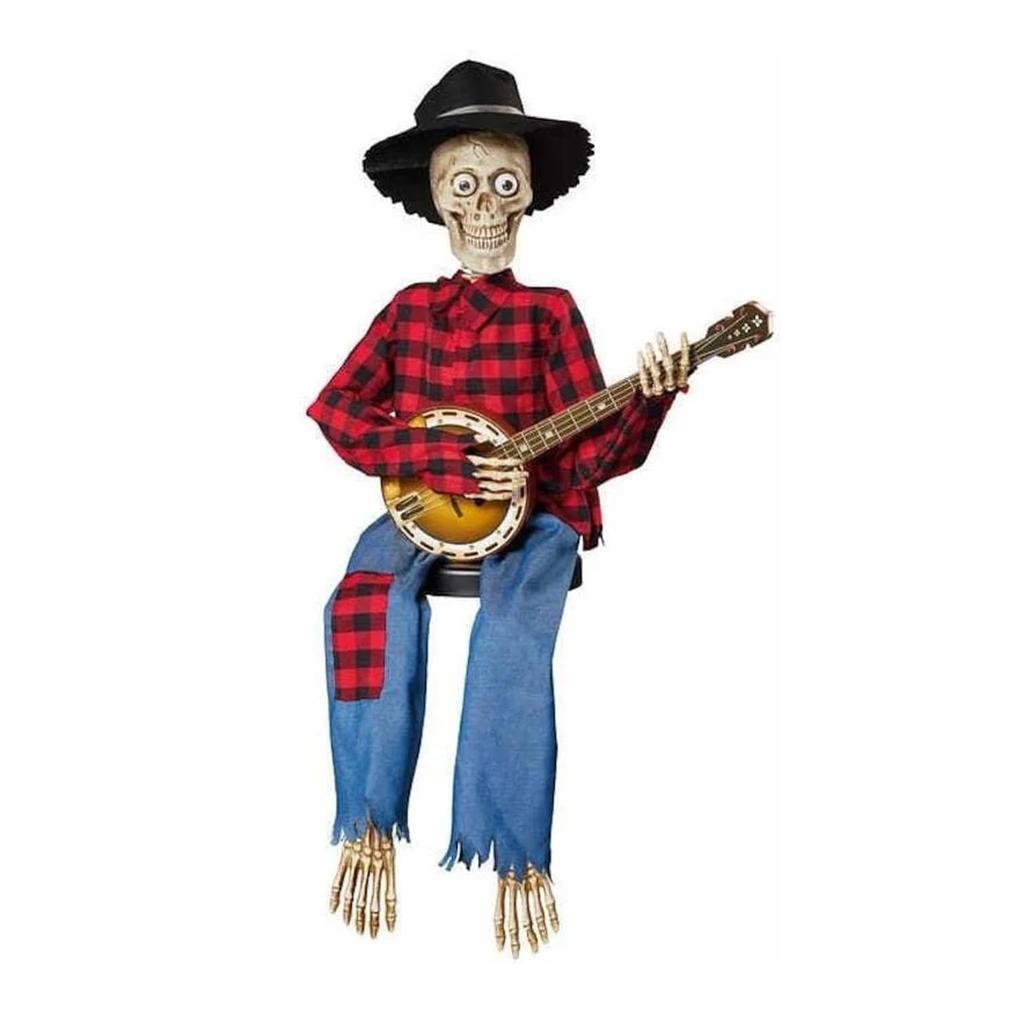 Halloween Animated Banjo Playing Skeleton Glowing Singing Cowboy Skull Guitar Statue with Moving Arms & Head, Spooky Music Gifts