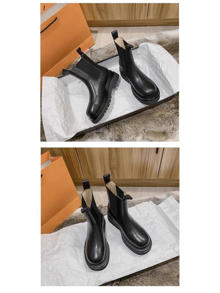 Mona Height-Boosting Women's Mid-Calf Chelsea Boots - British Style, Thick-Soled, Plus Velvet