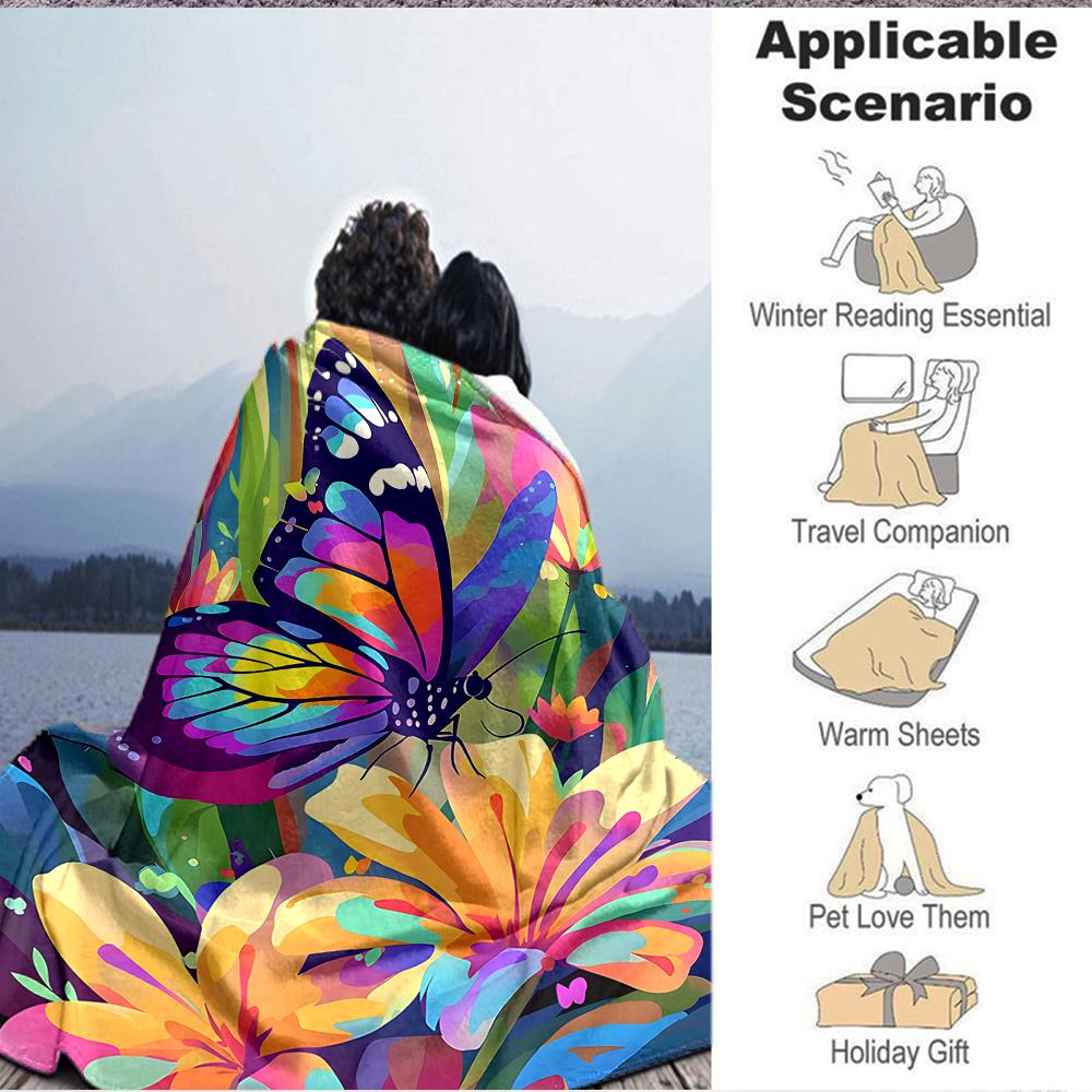 1Pc Colorful Butterfly Garden Flannel Blanket, Soft And Comfortable, Casual Warm, Camping Travel, Christmas, Halloween Xmas Gift. Eg13
