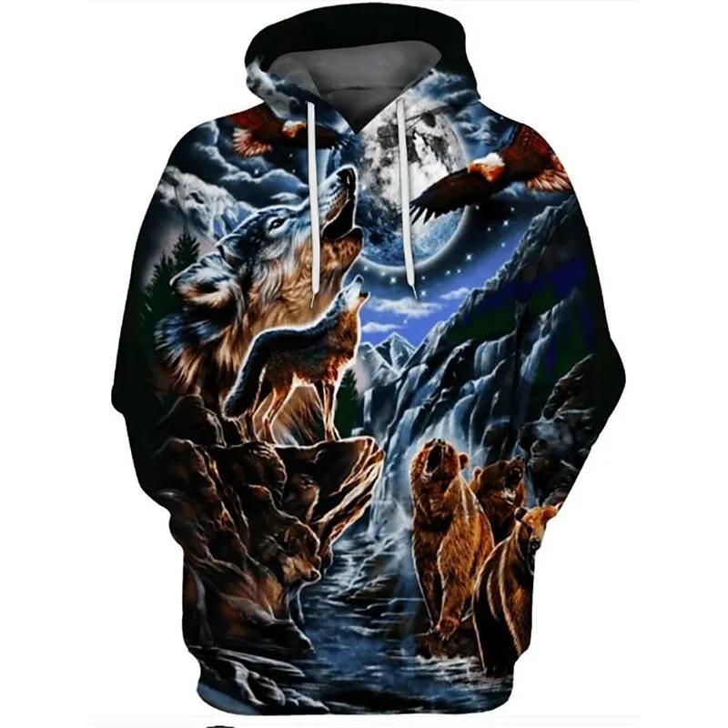 Black and White Wolf Print 3D Men's Hoodies Fashion Animal Pattern Women's Sweatshirts Leisure Essentials Pullover Jackets Coat