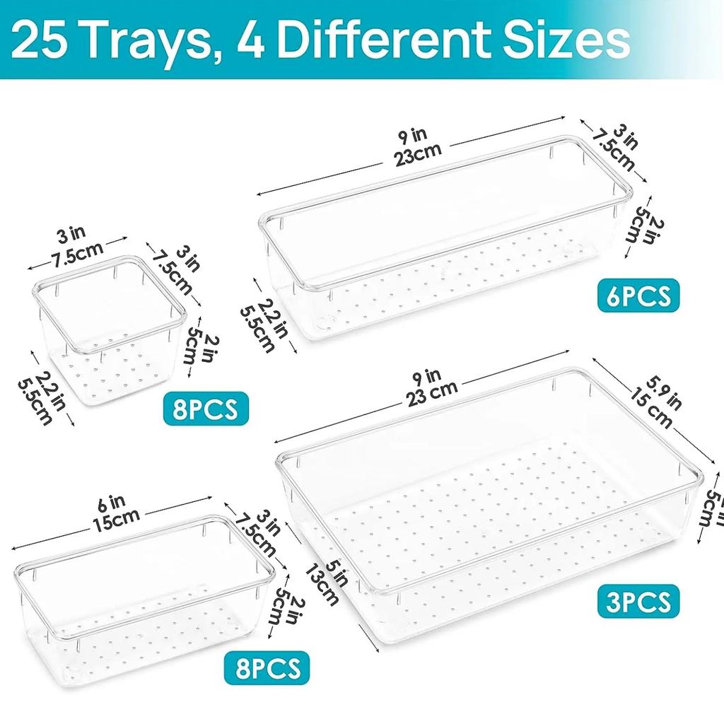 25 шт. ящик для хранения прозрачный пластиковый ящик органайзер набор 4-размерный универсальный ящик для туалетного столика в ванной органайзер лотки контейнеры для хранения косметики