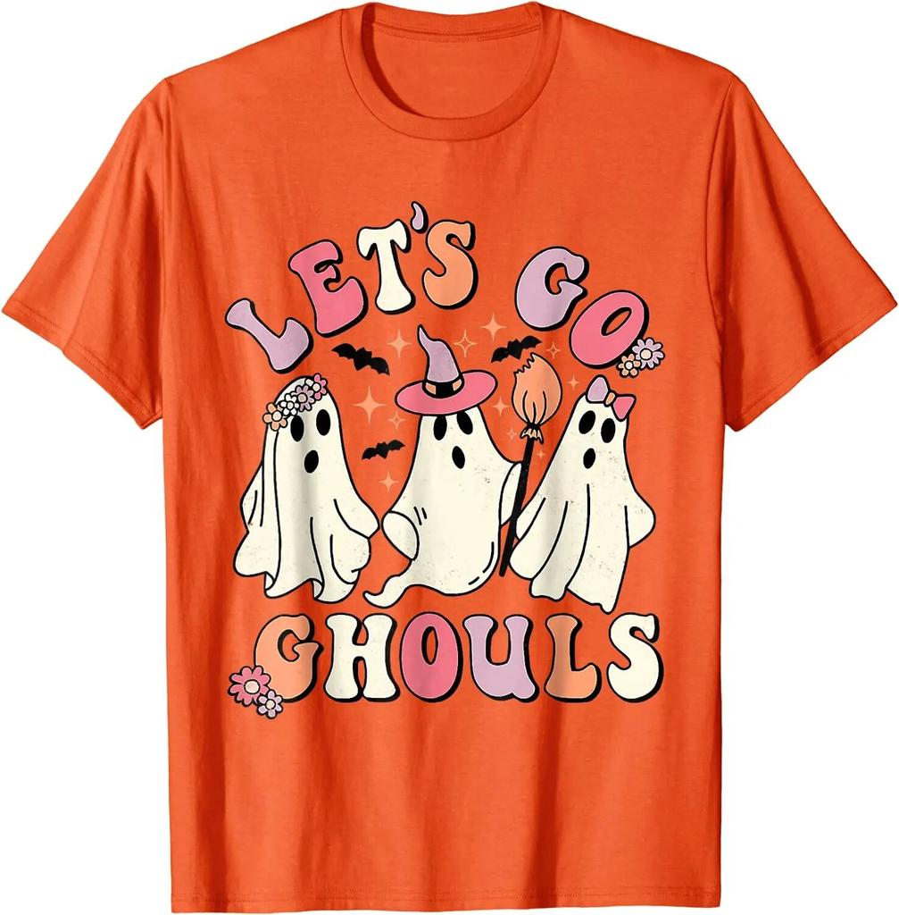 Let's Go Ghouls, костюм призрака на Хэллоуин, ретро, ​​заводная футболка для женщин унисекс, повседневные хлопковые повседневные рубашки для женщин, футболки
