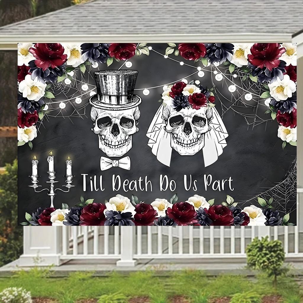 A 5x3 feet / 5x7 feet polyester skull wedding backdrop banner - "Until Death Separates Us" yzb