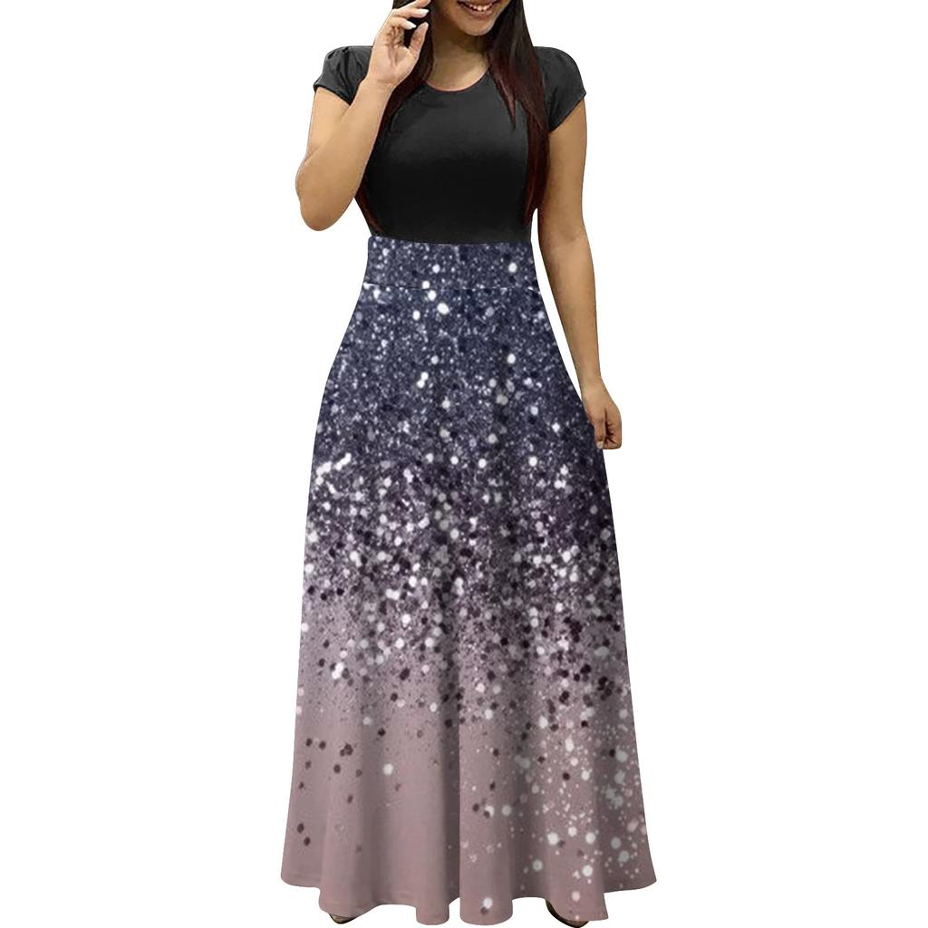 Summer Dresses For Women 2023 Fashion Casual Floral Print Round Neck Short-Sleeved Large Size Maxi Dresses