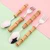 1Pc Wood Bamboo Handle Cutlery 304 Stainless Steel Dinnerware Serving Fork Spoon Flatware Knife Salad Fork Tea Spoon Tableware
