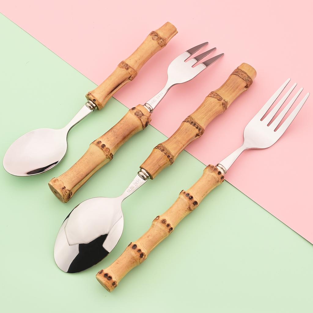 1Pc Wood Bamboo Handle Cutlery 304 Stainless Steel Dinnerware Serving Fork Spoon Flatware Knife Salad Fork Tea Spoon Tableware