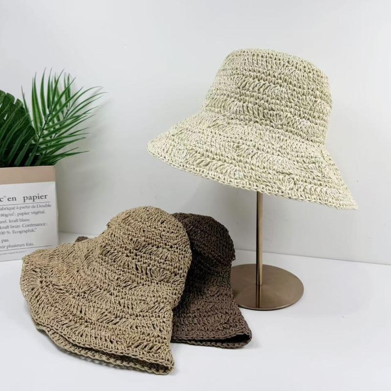 Temperament Lace Strap Straw Hat Bucket Hat Female Summer Versatile Sunshade Sun Protection Beach Straw Hat