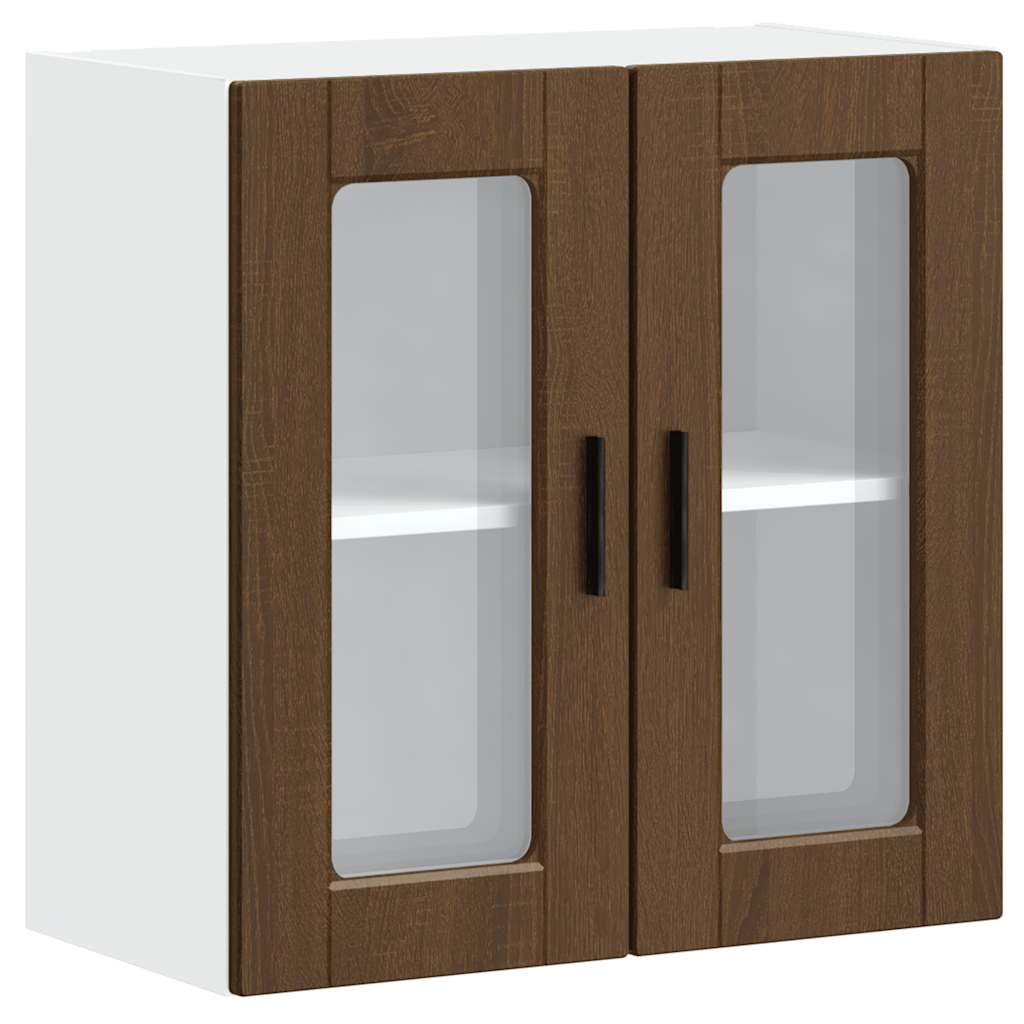 Wall Mounted Kitchen Cabinet with Glass Door Porto Collection Brown Oak Effect