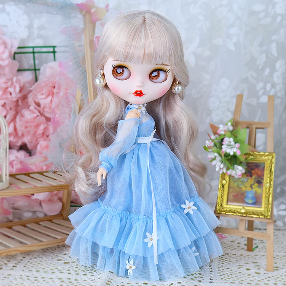 Rakulifey Blythe Outfit, Dress with Earrings, Neo Blythe Outfit, Blue, Compatible with Obitsu 24 Dolls, 2-Piece Set