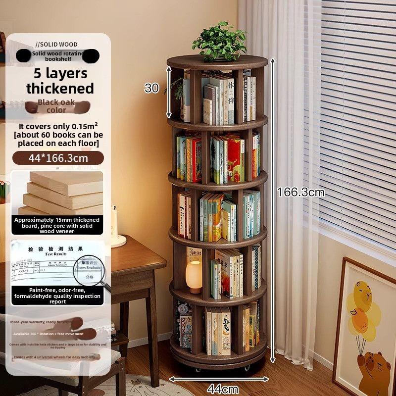 Solid Wood Rotating Bookshelf 360° Space Saving Multi Layer Home Office Library Storage Furniture Book Organizer