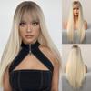 Long Straight Ombre Brown Blonde White Synthetic Hair Wig with Bangs Cosplay Party Daily Wig for Women