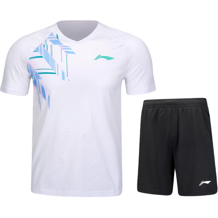 Футболка и шорты из серии Li Ning Badminton, быстросохнущая, дышащая, с логотипом, V-образным вырезом, коротким рукавом, повседневный спортивный комплект для мужчин, спортивный комплект AATU029-2