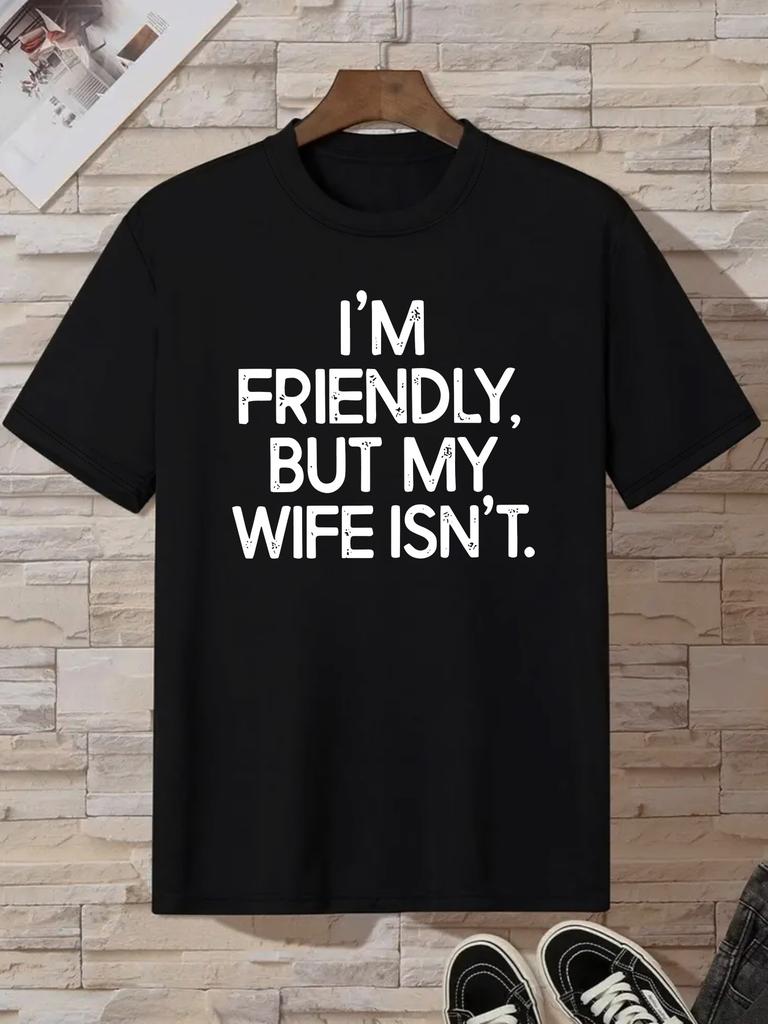 Men's "I'M FRIENDLY" Couple-Themed T-Shirt - Matching Design Short Sleeve Round Neck Casual Top
