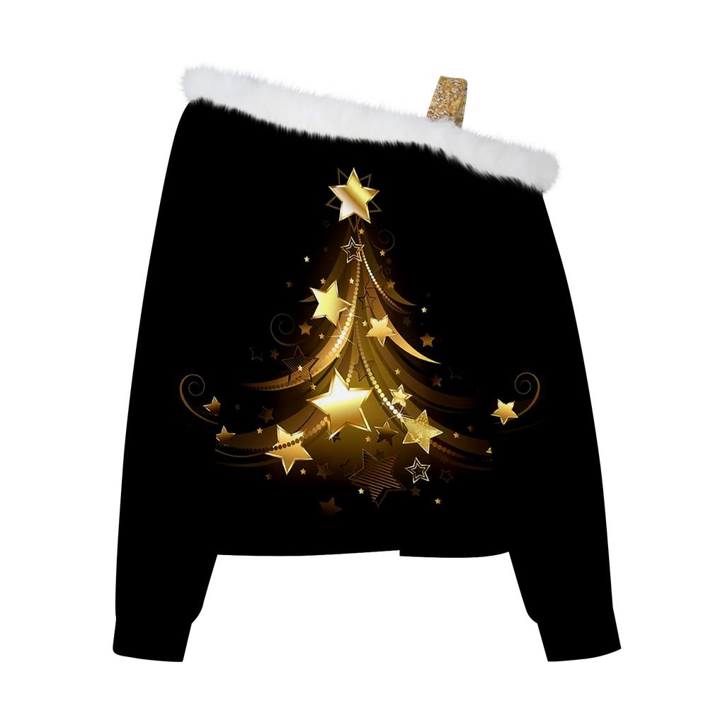 Женские топы с длинными рукавами. Модные женские свободные пуловеры с открытыми плечами с рождественским принтом.