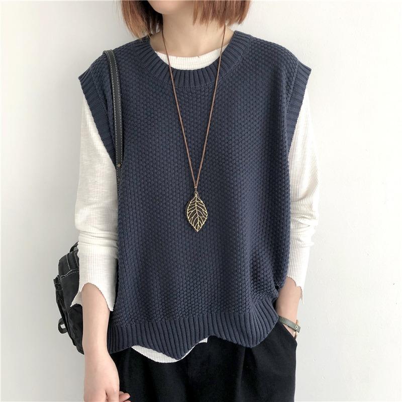 Однотонный вязаный жилет для женщин на осень, свободный круглый вырез, неровный пуловер, короткий жилет, жилетное плечо, внешний слой