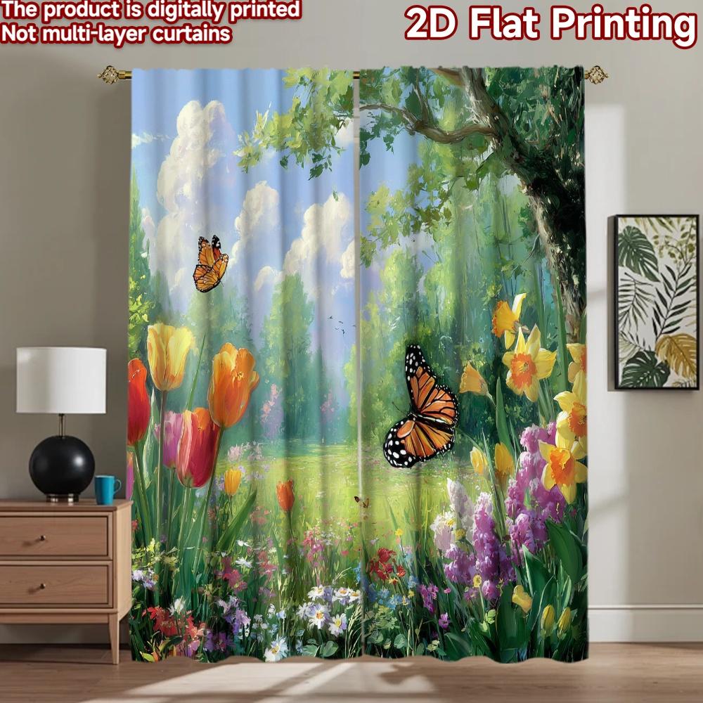 2D flat printing 2pcs Drapes Beautiful Butterfly Garden Flowers Digital Printed Polyester Drapes Festive Wall Decor for Entryway