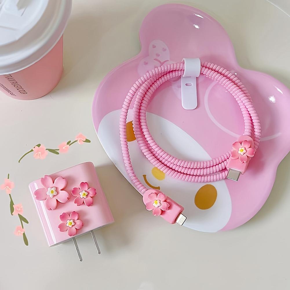 3D Pink Flower Cable Charger Protector Cover For Iphone 11 15 14 13 Pro Max 18W 20W Charger Data Line Protective Sleeve