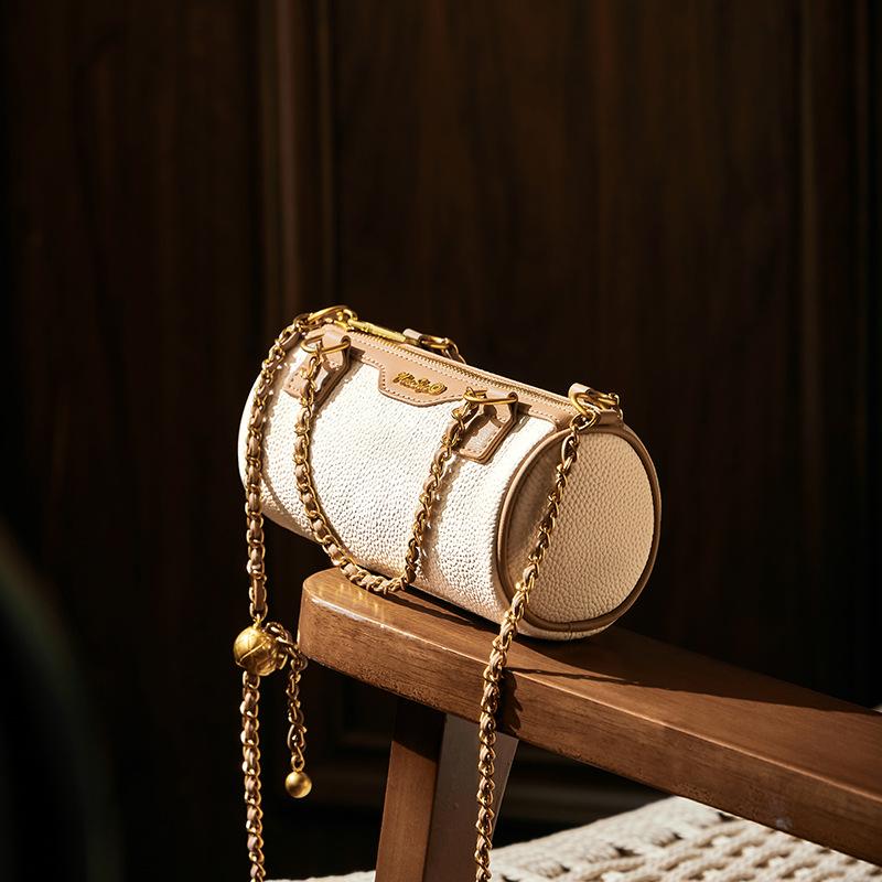Mrs. Qiao Women's Bag 2025 New Crossbody Bag Autumn Winter High-End Niche Cylinder Bag Genuine Leather Women's Bag with Chain