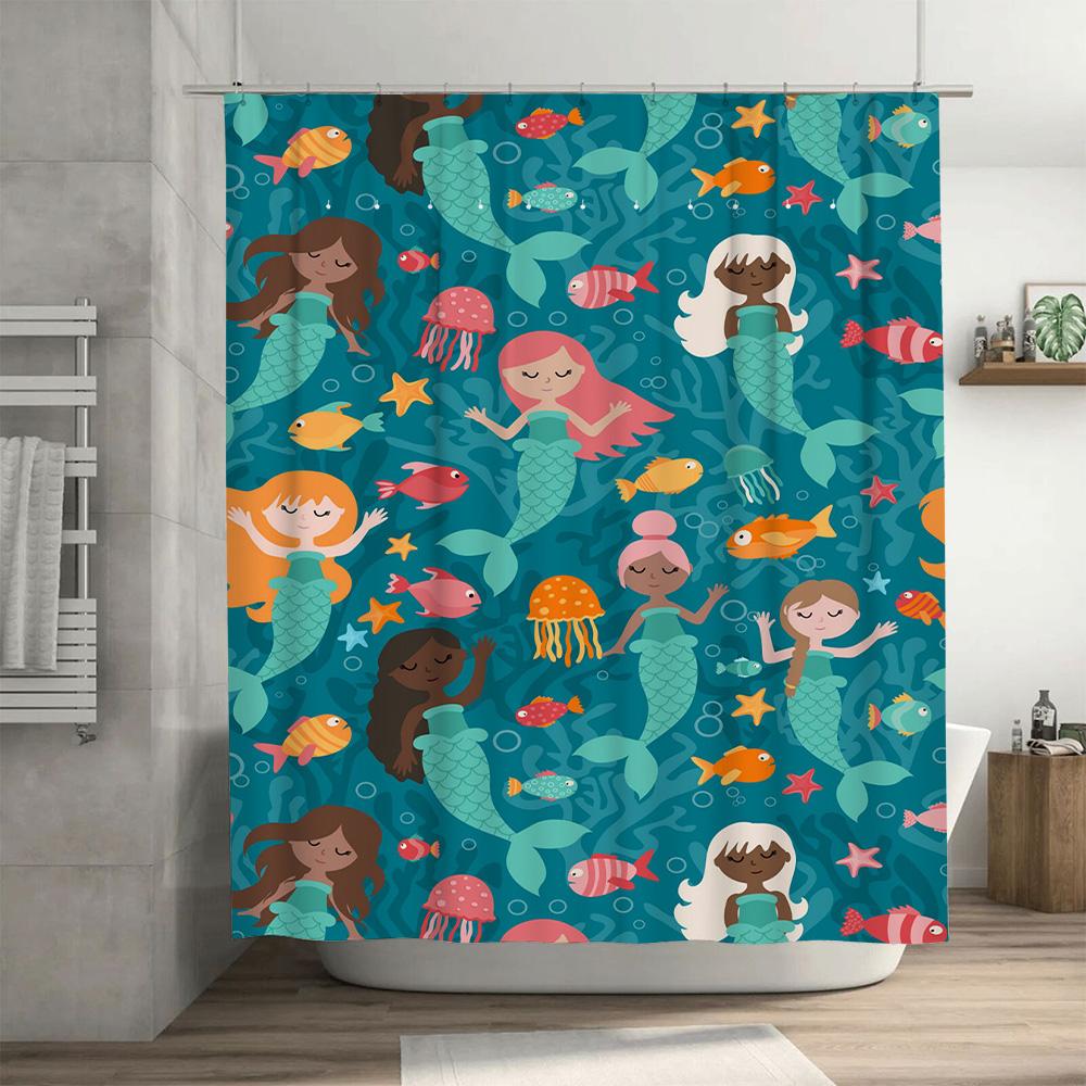 Mermaid Tail Shower Curtain Children's Bath Decor Waterproof Fabric Blue Ocean Life Print Home Bathroom Decoration
