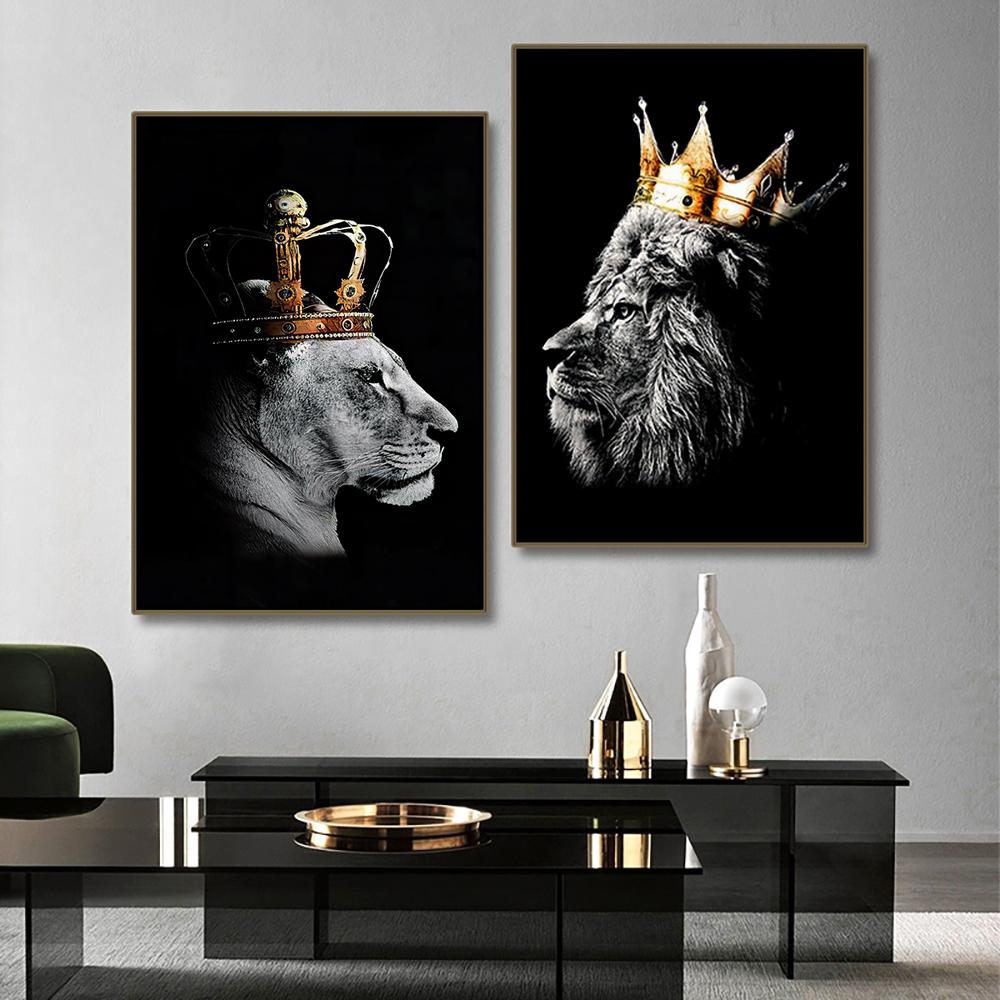 Black Lion King and Lioness Queen Poster Prints Animal Wall Art Picture Canvas Painting Home Decoration for Living Room
