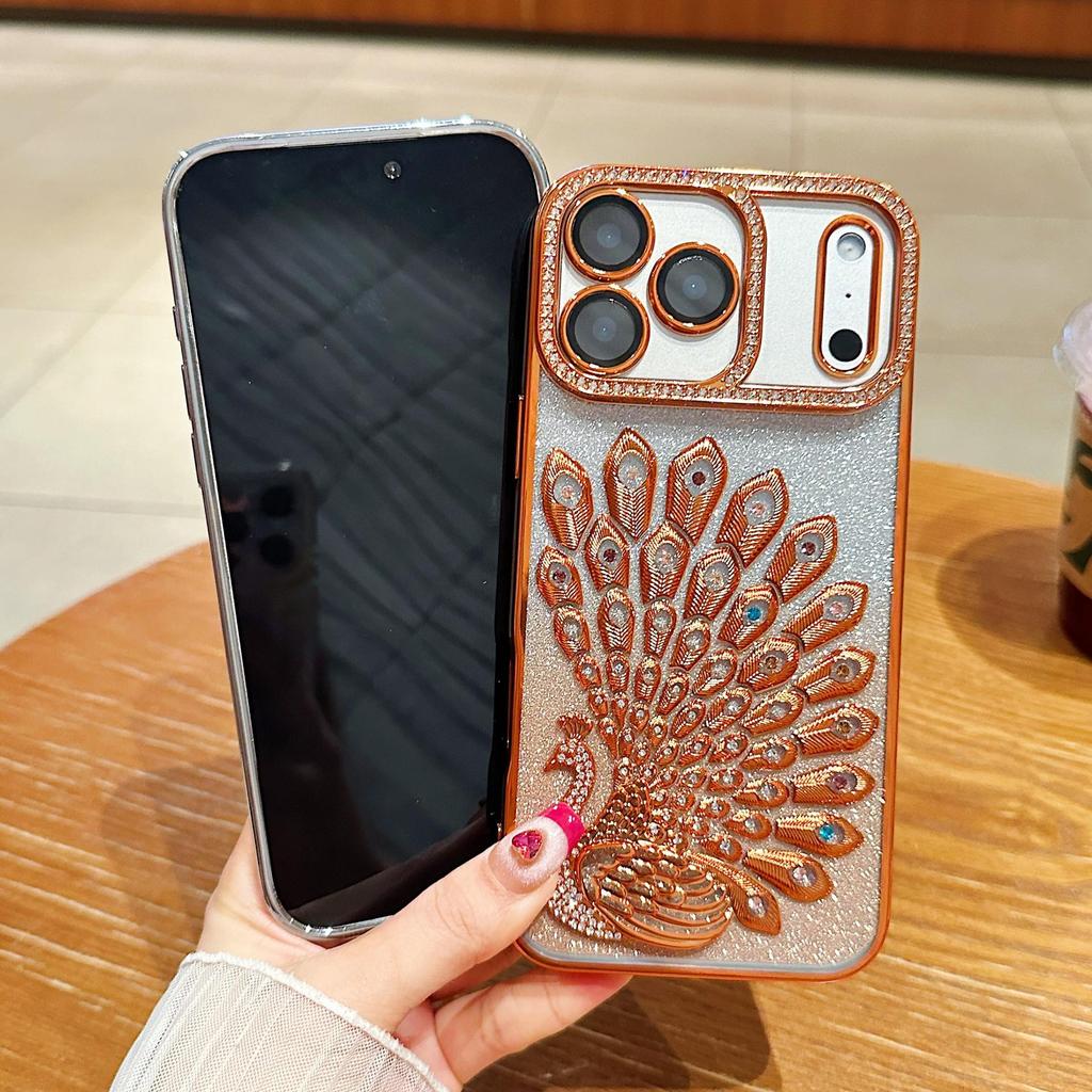 Электролитический Чехол-Блестка 'Павлин' со Стразами для iPhone 17 Pro Max и 16 Pro