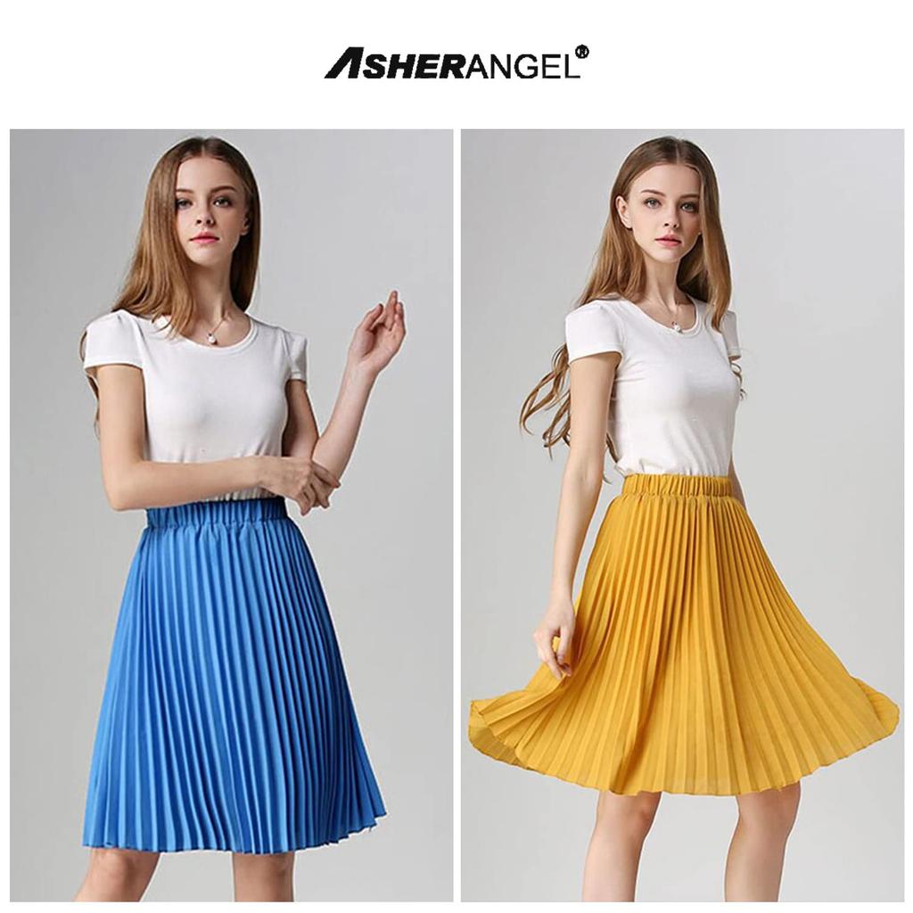 ASHERANGEL Pleated Perfect for Basic Chiffon Elastic Solid Summer [ASHE RANGEL] Women's Knee-Length Skirt, Commuting, Skirt, Simple, Fluffy, Waist,