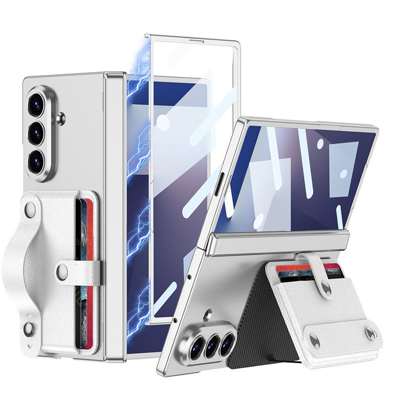 Чехол для Samsung Z Fold 7 с держателем для карт, ремешком на запястье, магнитной петлей, чехол с полным покрытием, ударопрочный, с подставкой, однотонный