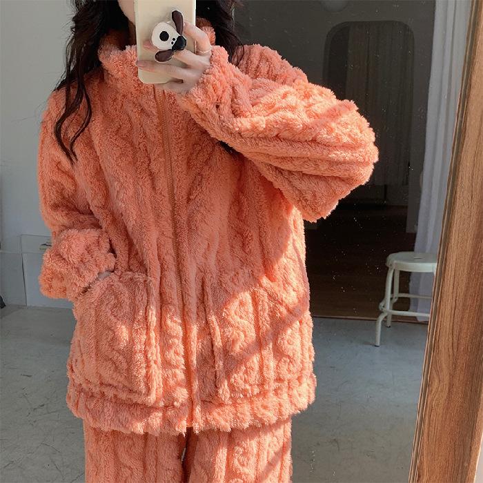 Пижамы женские осенне-зимние модели из утолщенного кораллового флиса, однотонный жаккардовый флис, женский кардиган на молнии из жаккарда, домашний комплект