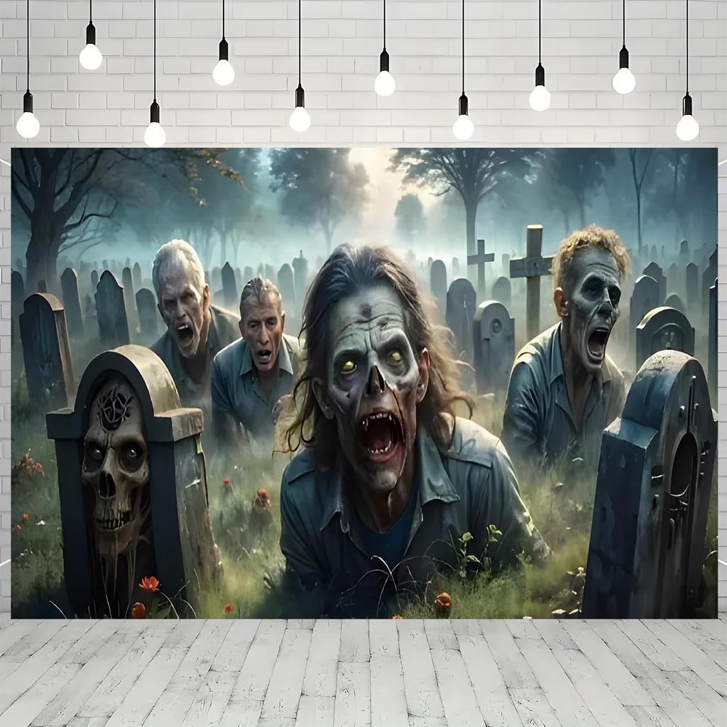 2D flat printing party banner 1 piece of zombie cemetery background wall fabric  Photography background wall.PMJ