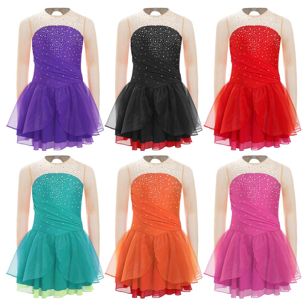 Костюм для фигурного катания для девочек, лирическое балетное танцевальное платье с вырезом на спине, блестящие стразы, современная лирическая танцевальная одежда